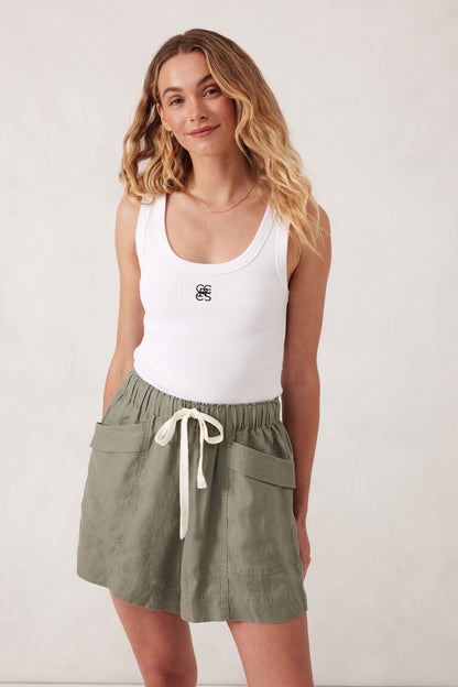 Panelled pull on short - khaki linen