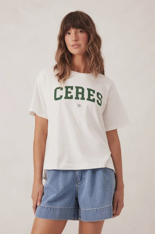 Slouchy split hem tee - vanilla/pine green varsity